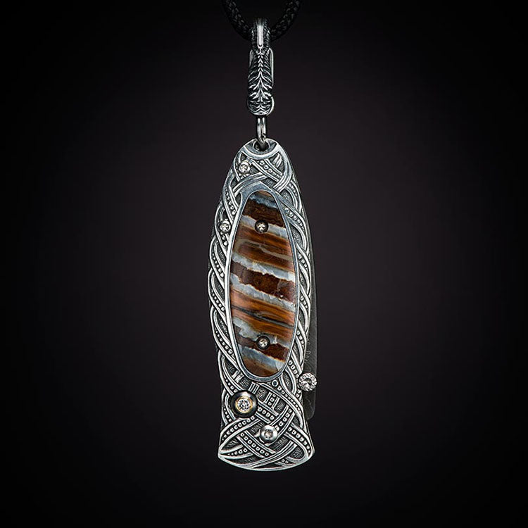William Henry B02 GALWAY Pendant Knife Chad Nichols Damascus Blade Silver Handle inlaid fossil mammoth tooth