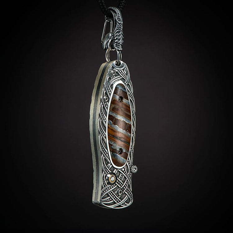 William Henry B02 GALWAY Pendant Knife Chad Nichols Damascus Blade Silver Handle inlaid fossil mammoth tooth