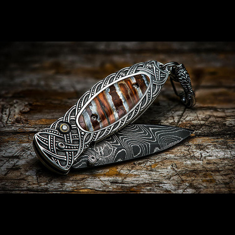 William Henry B02 GALWAY Pendant Knife Chad Nichols Damascus Blade Silver Handle inlaid fossil mammoth tooth