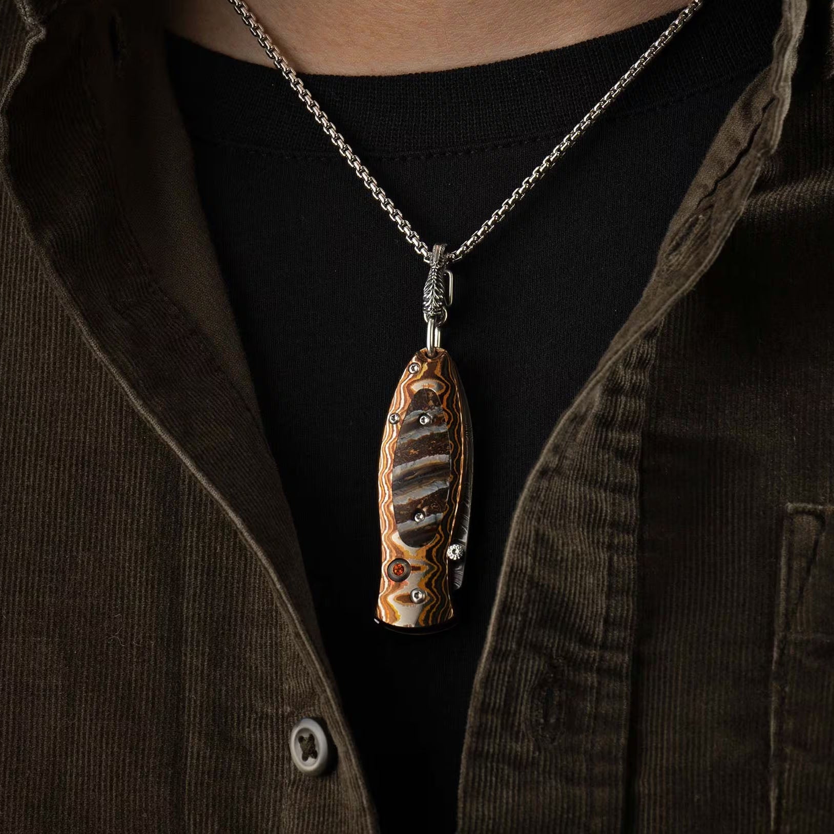 William Henry B02 Legacy Pendant Knife Chad Nichols Damascus mokume Handle