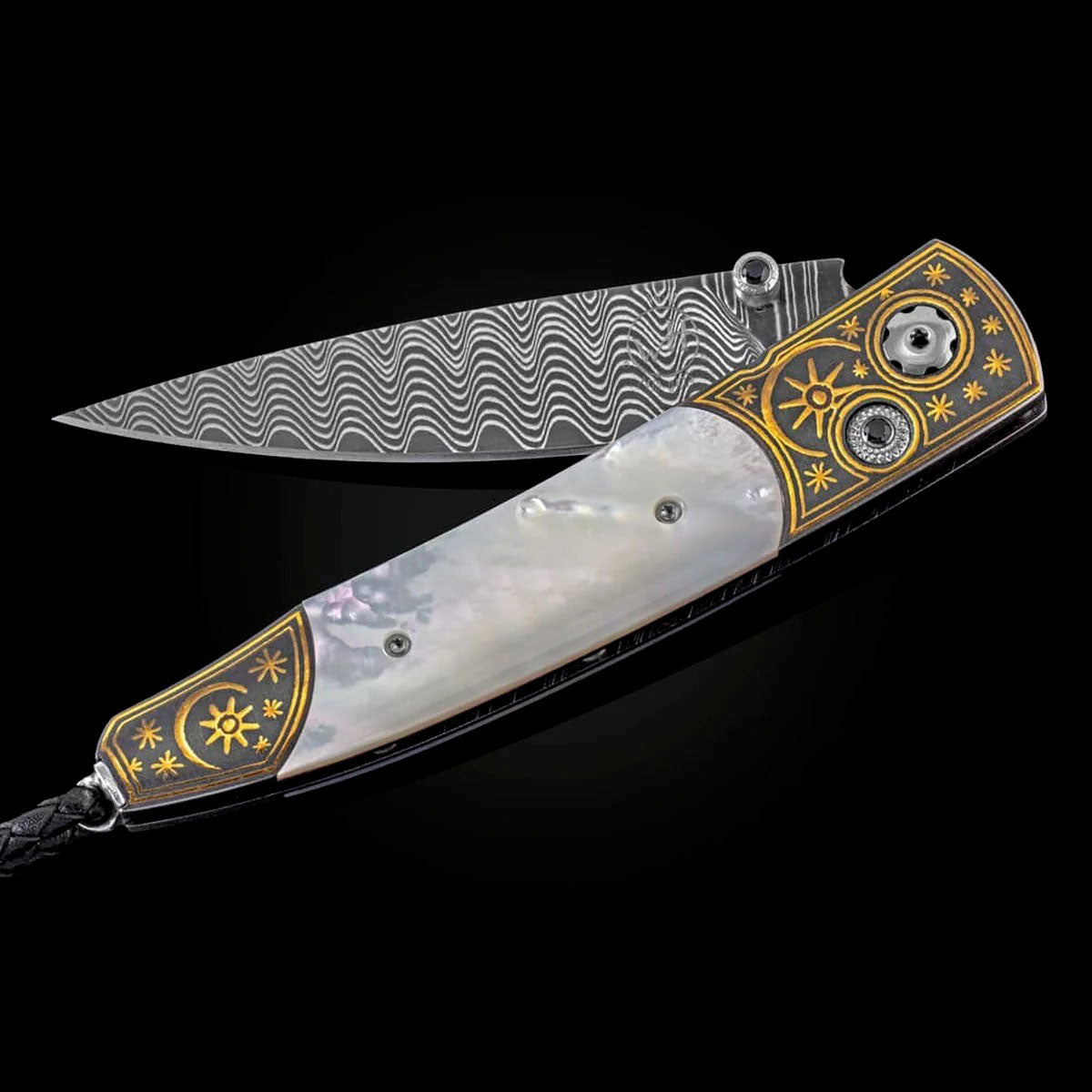 William Henry B10 DARK SKY Damascus Blade 24K Gold Koftgari and White Mother of Pearl Pocket Knife
