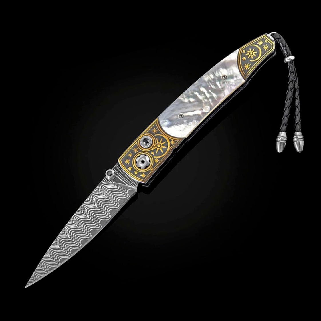 William Henry B10 DARK SKY Damascus Blade 24K Gold Koftgari and White Mother of Pearl Pocket Knife