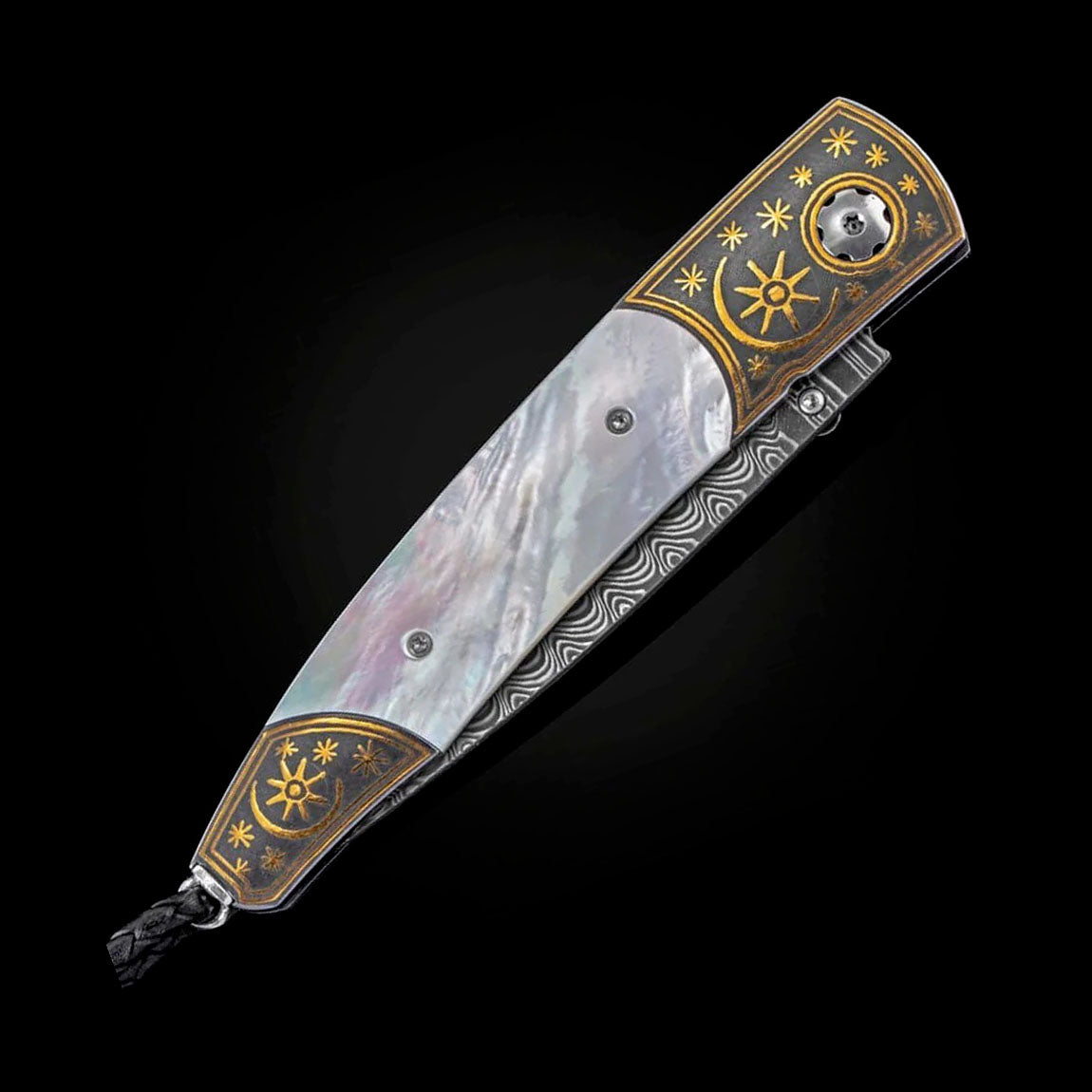 William Henry B10 DARK SKY Damascus Blade 24K Gold Koftgari and White Mother of Pearl Pocket Knife