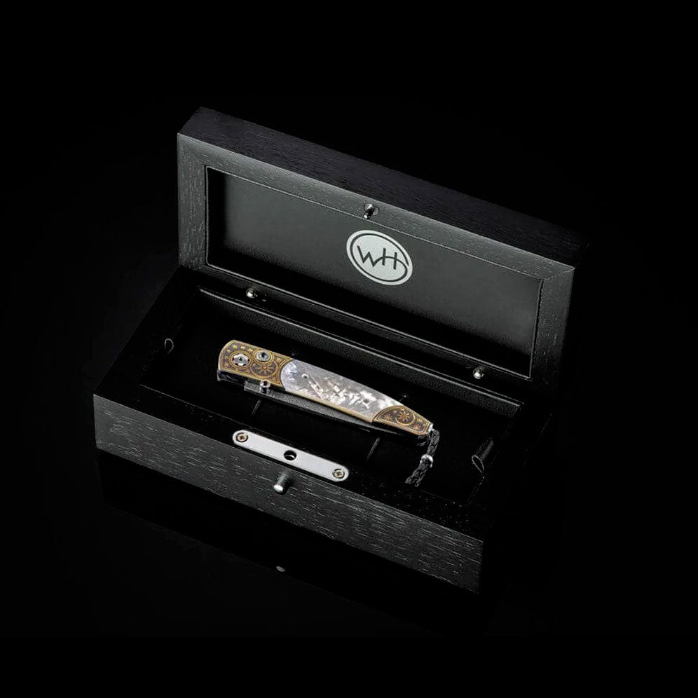 William Henry B10 DARK SKY Damascus Blade 24K Gold Koftgari and White Mother of Pearl Pocket Knife