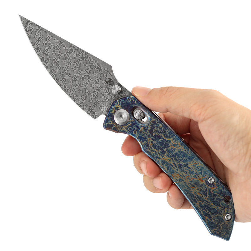 Kansept Fenrir K1034V10 Damascus Blade Titanium Handle Crossbar Lock Folding Knife