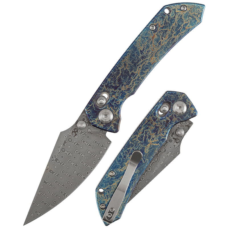 Kansept Fenrir K1034V10 Damascus Blade Titanium Handle Crossbar Lock Folding Knife