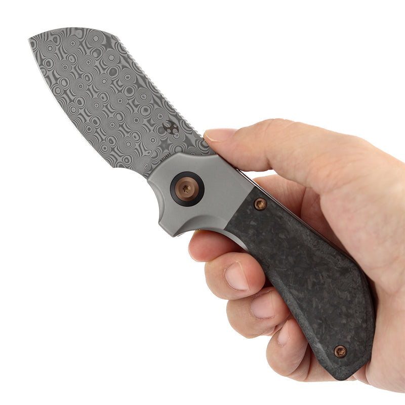 Kansept Pluto K3129A3 Acid Etched Damascus Blade Titanium & Carbon Fiber Handle Bolster Lock Folding Knife