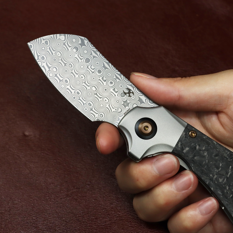 Kansept Pluto K3129A3 Acid Etched Damascus Blade Titanium & Carbon Fiber Handle Bolster Lock Folding Knife