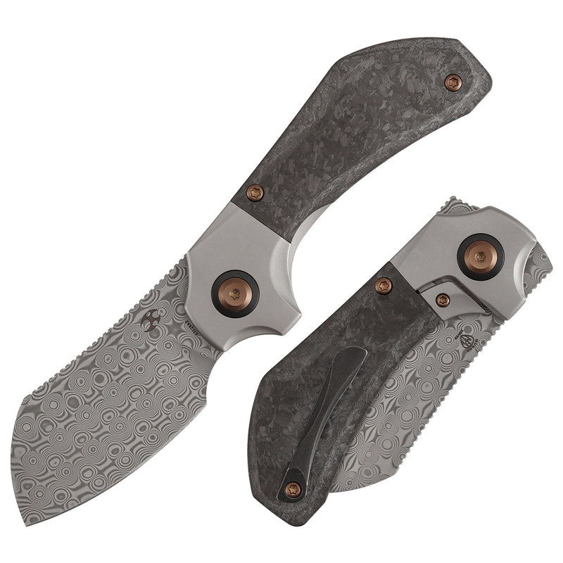 Kansept Pluto K3129A3 Acid Etched Damascus Blade Titanium & Carbon Fiber Handle Bolster Lock Folding Knife