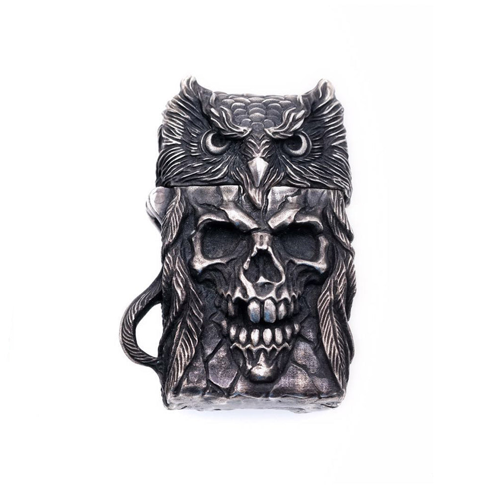 Raven Studio Indian Owl Skull Lighter Handmade Silver Suitable Kerosene lighterNarrow Machine Shell