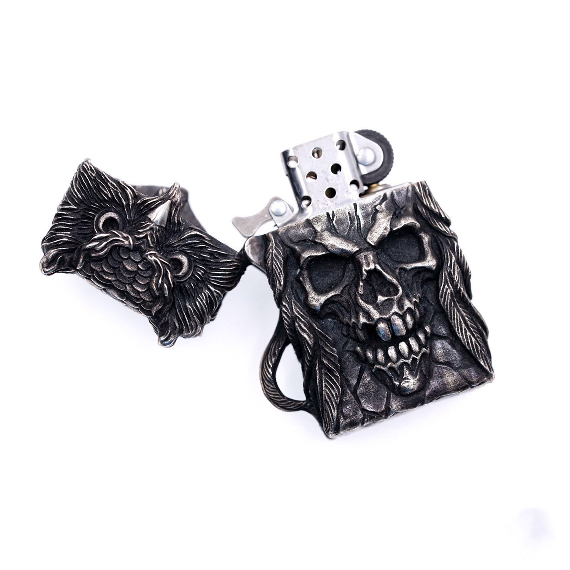 Raven Studio Indian Owl Skull Lighter Handmade Silver Suitable Kerosene lighterNarrow Machine Shell